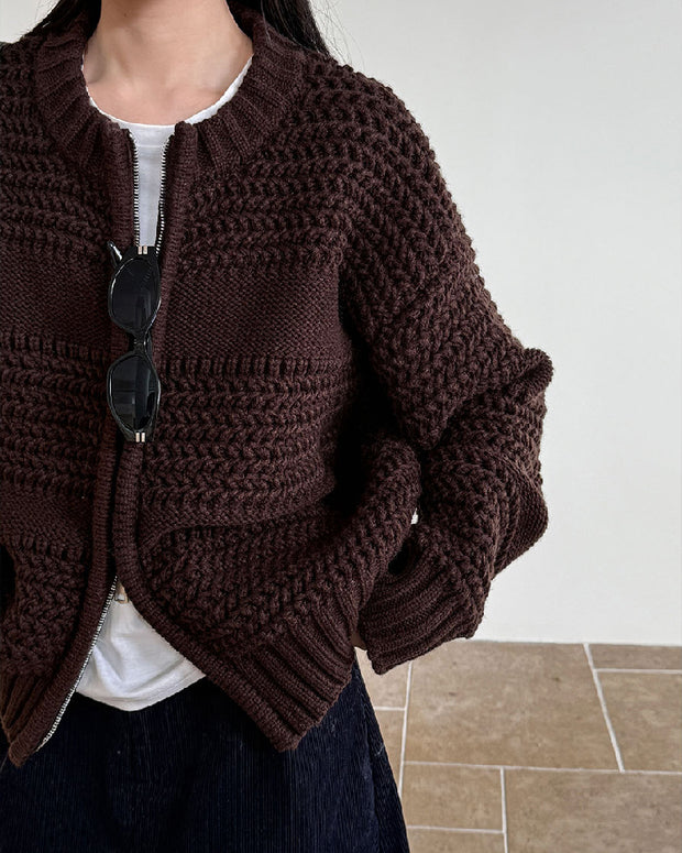 立体編み ダブルジッパー ニット カーディガン レディース ラウンドネック ゆったり シンプル おしゃれ ニットアウター 体型カバー カジュアル 通勤 秋冬コーデ 大人女子 デイリー服 ID2307