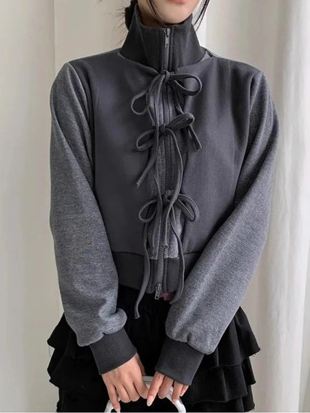 リボンデザイン 立ち襟 ジップアップ パーカー レディース 長袖 カジュアル 可愛い レイヤード風 体型カバー 秋冬 新作 ID2180