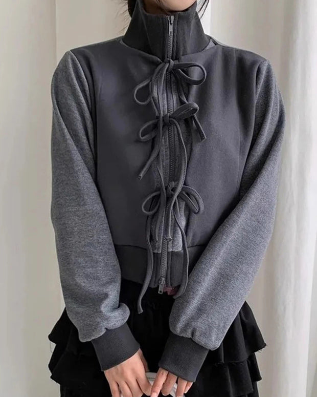 リボンデザイン 立ち襟 ジップアップ パーカー レディース 長袖 カジュアル 可愛い レイヤード風 体型カバー 秋冬 新作 ID2180