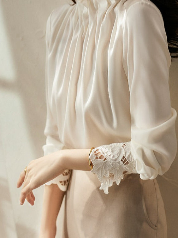 ブラウス レディース 長袖 ハイネック フリルネック レース袖 シャツ エレガント 上品 通勤 オフィス カジュアル 春秋 ID1590