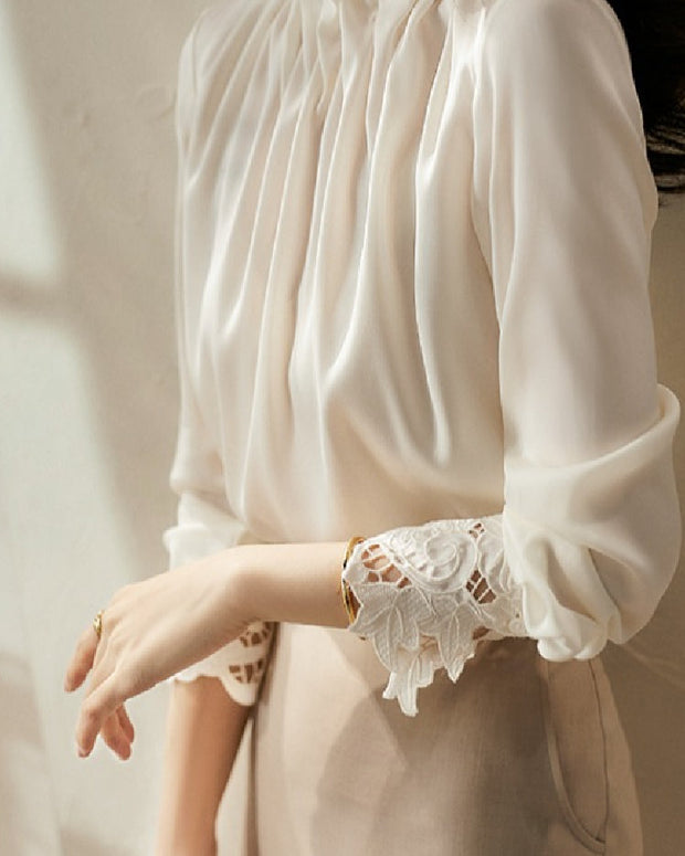 ブラウス レディース 長袖 ハイネック フリルネック レース袖 シャツ エレガント 上品 通勤 オフィス カジュアル 春秋 ID1590