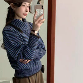 ボーダー タートルネック ニット レディース ゆったり ルーズフィット 長袖 暖かい 柔らかい 体型カバー レトロ カジュアル 秋冬 新作 ID2124