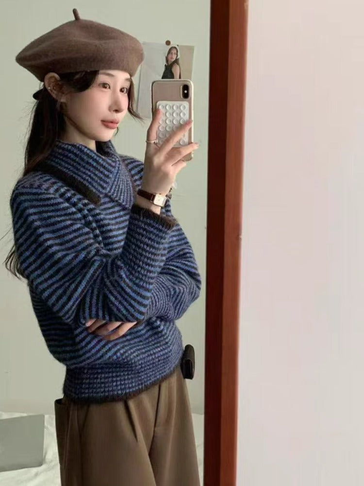 ボーダー タートルネック ニット レディース ゆったり ルーズフィット 長袖 暖かい 柔らかい 体型カバー レトロ カジュアル 秋冬 新作 ID2124