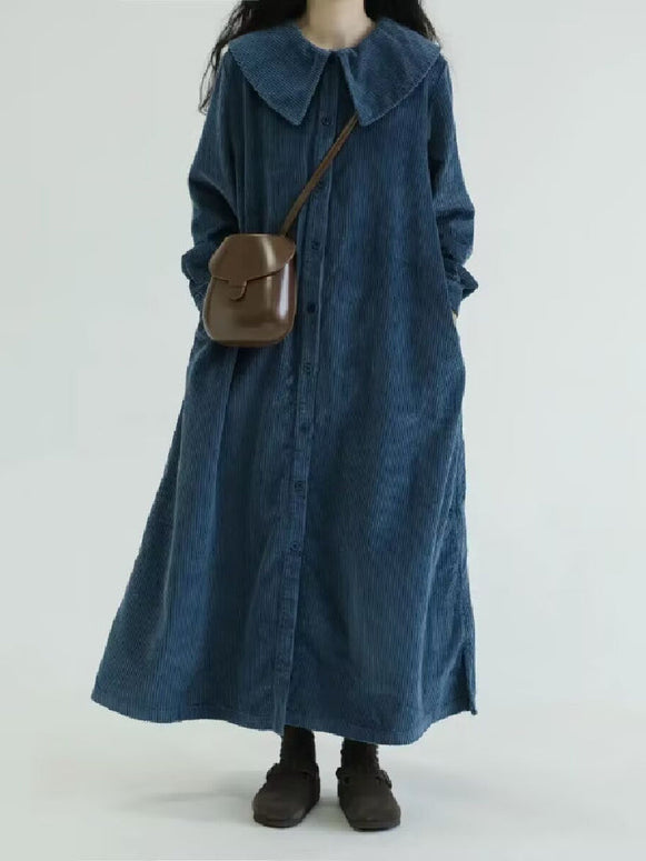 コーデュロイ ワンピース レディース ロングシャツワンピース 長袖 ビッグカラー ゆったり 体型カバー 秋冬 カジュアル ナチュラル 可愛い 通勤 デート ママコーデ ID1723