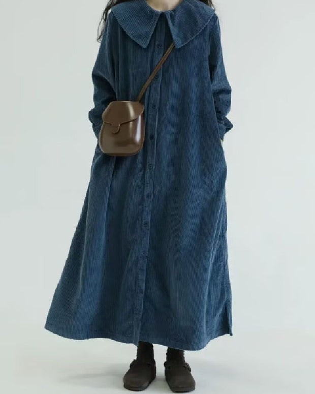 コーデュロイ ワンピース レディース ロングシャツワンピース 長袖 ビッグカラー ゆったり 体型カバー 秋冬 カジュアル ナチュラル 可愛い 通勤 デート ママコーデ ID1723