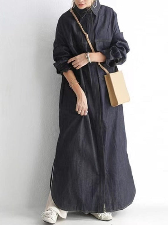 デニム シャツワンピース レディース ロング丈 長袖 カジュアル ゆったり 体型カバー 無地 重ね着風 羽織り おしゃれ 大人女子 シンプル ナチュラル 通勤 通学 デイリー 春秋冬 定番 人気 アイテム ID1690