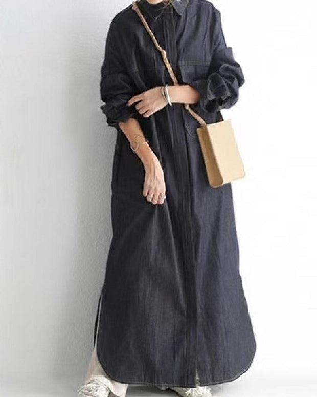 デニム シャツワンピース レディース ロング丈 長袖 カジュアル ゆったり 体型カバー 無地 重ね着風 羽織り おしゃれ 大人女子 シンプル ナチュラル 通勤 通学 デイリー 春秋冬 定番 人気 アイテム ID1690