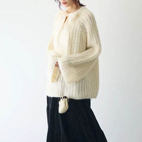 リボン付き ニット セーター レディース フェザーニット ふわふわ ゆったり かわいい ガーリー エレガント 秋冬 新作 ID2118