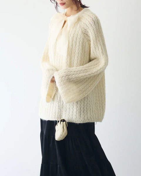 リボン付き ニット セーター レディース フェザーニット ふわふわ ゆったり かわいい ガーリー エレガント 秋冬 新作 ID2118