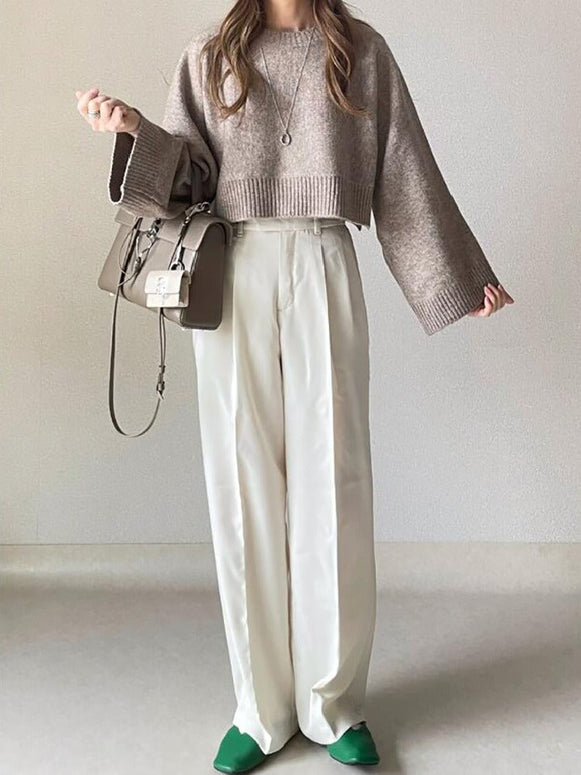 ショート丈 ニットセーター レディース 長袖 シンプル 無地 ゆったり 体型カバー トップス きれいめ カジュアル エレガント 大人女子 通勤 通学 デート おしゃれ 秋冬 暖かい 人気 新作 ID1940