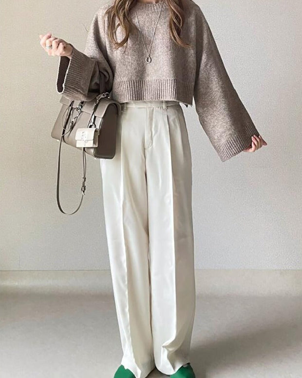 ショート丈 ニットセーター レディース 長袖 シンプル 無地 ゆったり 体型カバー トップス きれいめ カジュアル エレガント 大人女子 通勤 通学 デート おしゃれ 秋冬 暖かい 人気 新作 ID1940