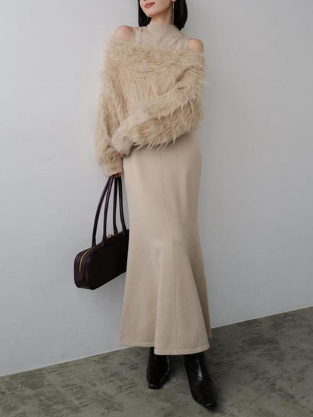 2点セット ファー ニット セーター + ロングワンピース レディース 秋冬 セットアップ フェミニン エレガント ふわふわ 大人可愛い 新作 ID2120