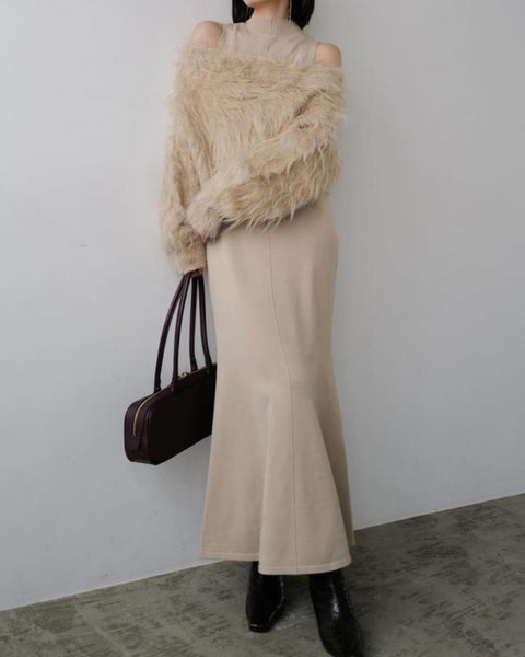 2点セット ファー ニット セーター + ロングワンピース レディース 秋冬 セットアップ フェミニン エレガント ふわふわ 大人可愛い 新作 ID2120