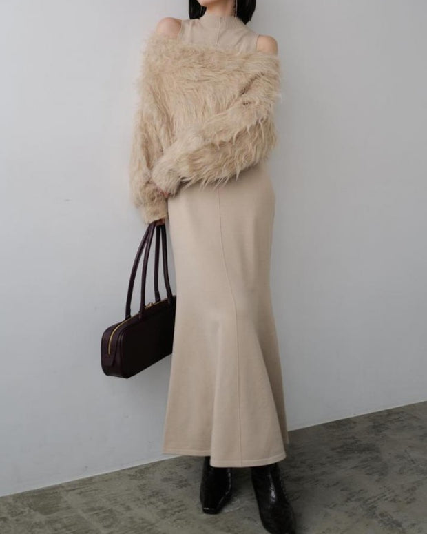 2点セット ファー ニット セーター + ロングワンピース レディース 秋冬 セットアップ フェミニン エレガント ふわふわ 大人可愛い 新作 ID2120