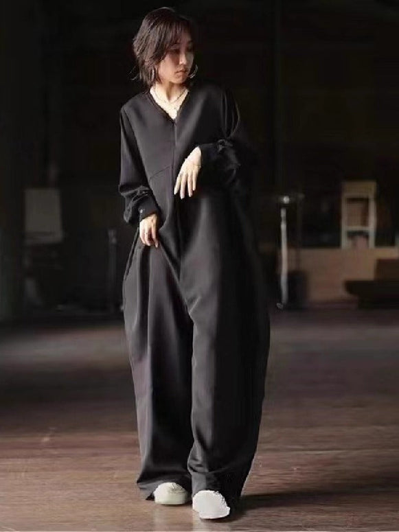 オールインワン レディース 秋新作 Vネック 長袖 ゆったり ワイドパンツ ロング丈 無地 シンプル 着痩せ 大人カジュアル 体型カバー 通勤 黒 モード系 ID1196