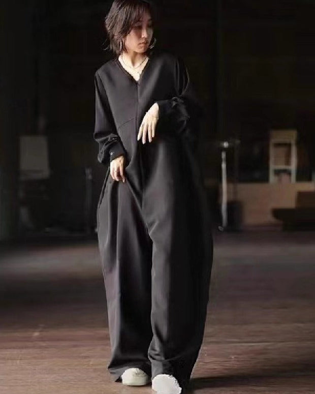 オールインワン レディース 秋新作 Vネック 長袖 ゆったり ワイドパンツ ロング丈 無地 シンプル 着痩せ 大人カジュアル 体型カバー 通勤 黒 モード系 ID1196