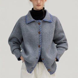 配色ステッチ カーディガン レディース 翻襟 ニットカーディガン ゆったり 長袖 シンプル おしゃれ カジュアル トップス 秋冬 新作 ID2062