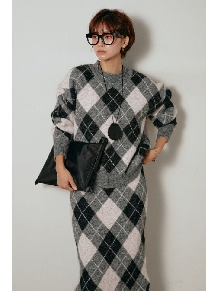 アーガイル柄 ニットセットアップ レディース 長袖 プルオーバー ニットトップス＋ロングスカート 2点セット 体型カバー 大人カジュアル 上品 きれいめ 秋冬 新作 ID2011