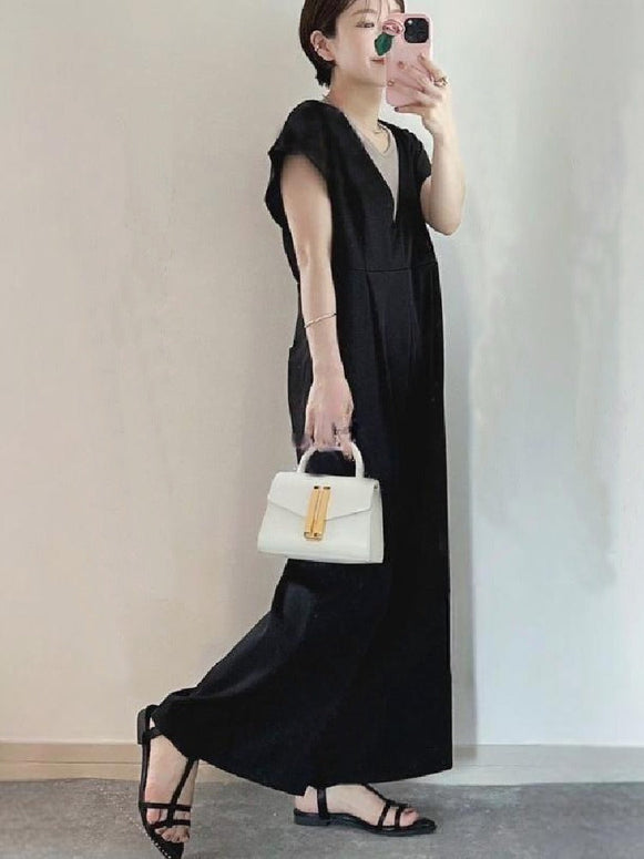 Vネック 半袖 オールインワン パンツ 無地 カジュアル ゆったり 涼感素材 大人可愛い 通勤お出かけ兼用 ID1167