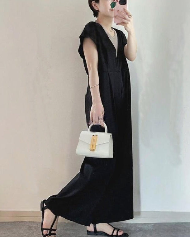 Vネック 半袖 オールインワン パンツ 無地 カジュアル ゆったり 涼感素材 大人可愛い 通勤お出かけ兼用 ID1167