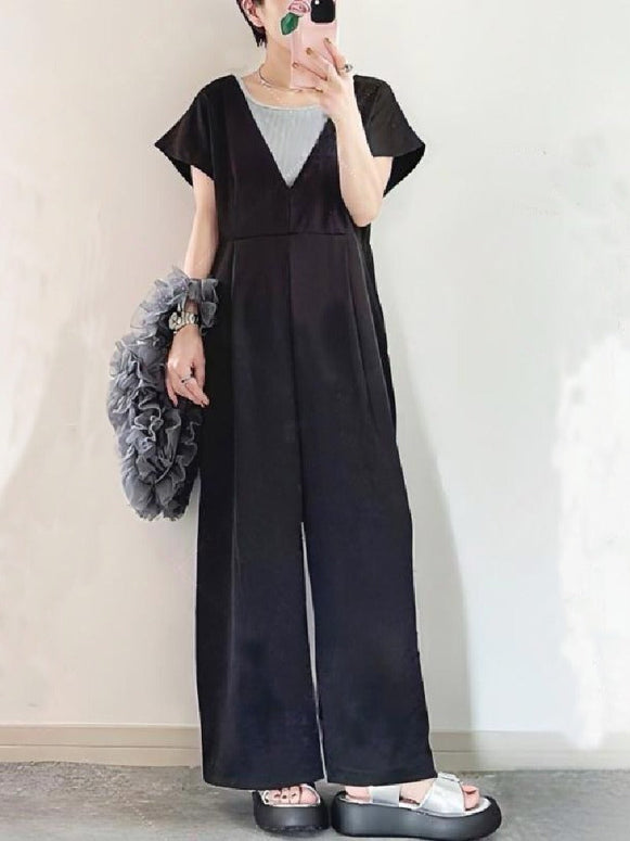 Vネック 半袖 オールインワン パンツ 無地 カジュアル ゆったり 涼感素材 大人可愛い 通勤お出かけ兼用 ID1167
