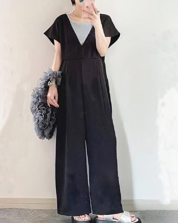 Vネック 半袖 オールインワン パンツ 無地 カジュアル ゆったり 涼感素材 大人可愛い 通勤お出かけ兼用 ID1167