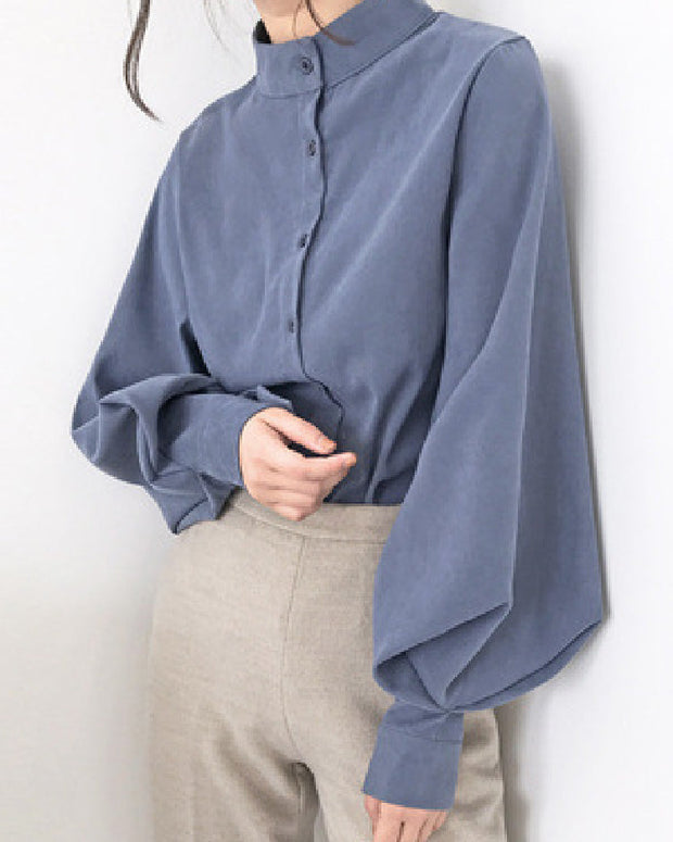 シャツ レディース スタンドカラー 長袖 ブラウス ランタンスリーブ ゆったり おしゃれ 通勤 オフィス カジュアル トップス 立ち襟/開襟 ID1597