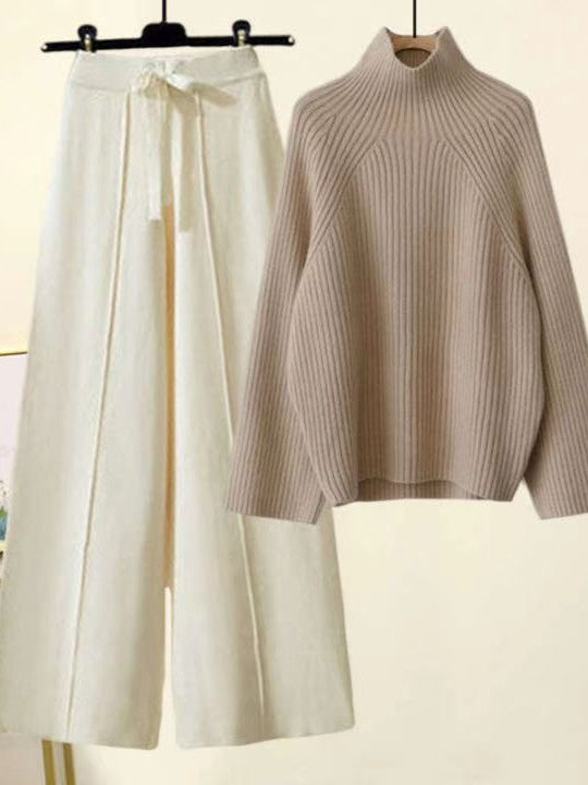 「タイムセール中！」2点セット ハイネック ニット + ワイドパンツ レディース セットアップ 体型カバー ゆったり シンプル 上品 大人カジュアル デイリー 通勤 秋冬コーデ 楽ちん おしゃれ 防寒 トレンド ID2218