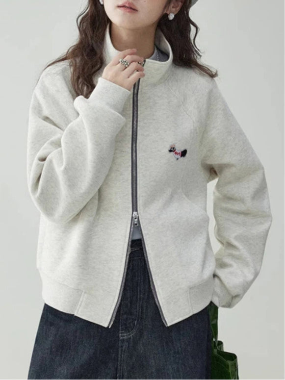 犬刺繍 ジップアップ スウェット レディース ダブルジップ トップス シンプル カジュアル ゆったり かわいい 長袖 春秋 冬 新作 ID2060