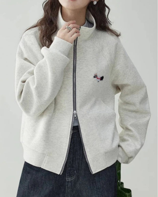 犬刺繍 ジップアップ スウェット レディース ダブルジップ トップス シンプル カジュアル ゆったり かわいい 長袖 春秋 冬 新作 ID2060