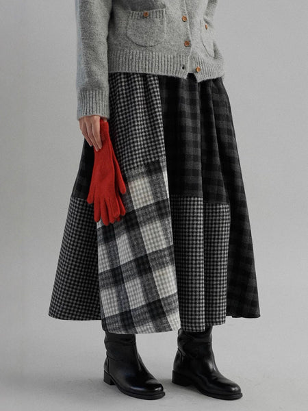チェック柄 ロングスカート レディース ウールタッチ 起毛素材 パッチワーク風 フレアスカート 体型カバー 大人可愛い 秋冬 通勤 通学 カジュアル フェミニン ID1804