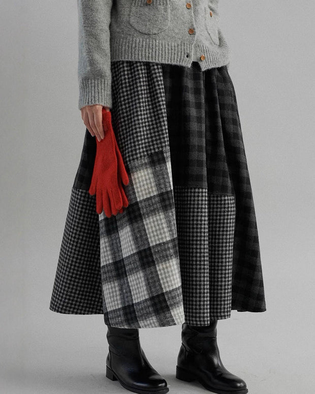 チェック柄 ロングスカート レディース ウールタッチ 起毛素材 パッチワーク風 フレアスカート 体型カバー 大人可愛い 秋冬 通勤 通学 カジュアル フェミニン ID1804