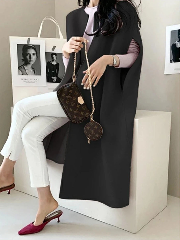 ポンチョ ジレ コート レディース ノースリーブ ロング丈 ウール風 フェイクウール アウター 上品 きれいめ エレガント 体型カバー 通勤 通学 大人女子 秋冬 新作 ID1894