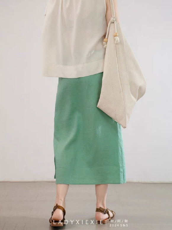 スリット入り コットンリネン スカート レディース ミモレ丈 ウエストゴム ナチュラルスタイル シンプルデザイン 涼しげ素材 ID1045