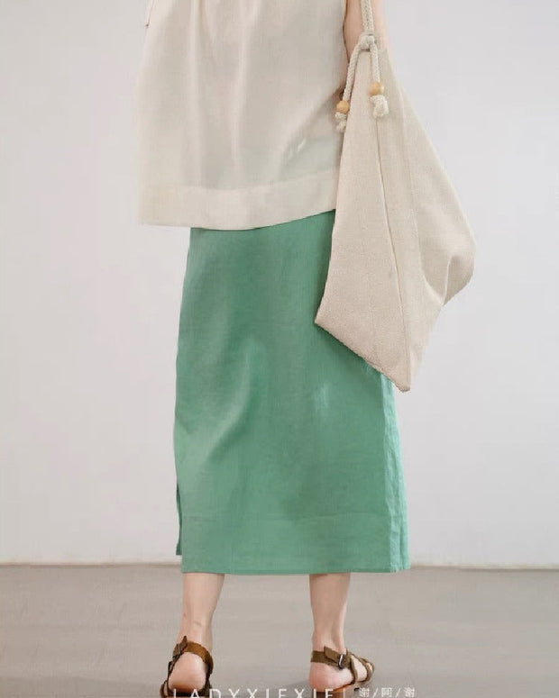 スリット入り コットンリネン スカート レディース ミモレ丈 ウエストゴム ナチュラルスタイル シンプルデザイン 涼しげ素材 ID1045