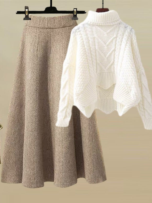 「タイムセール中！」2点セット ハイネック ニット + ロングスカート レディース セットアップ 上品 きれいめ 大人カジュアル 体型カバー ゆったり 防寒 あったか 秋冬コーデ 通勤 お出かけ デート 清楚 おしゃれ トレンド ニットアップ ID2220