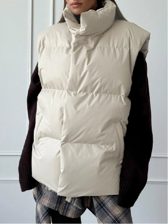 中綿 ベスト レディース ロング丈 ダウン風 デザイン 立ち襟 ゆったり シルエット カジュアル スポーティー 暖かい 秋冬 新作 ID2136