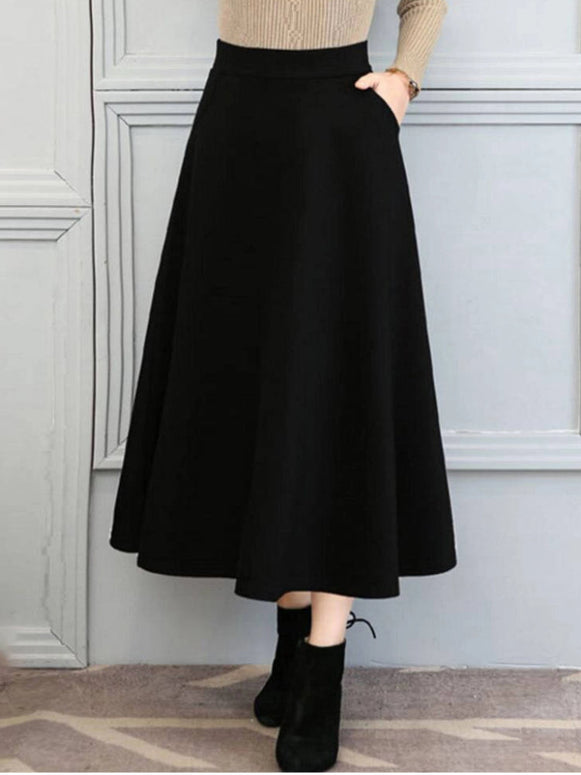 Aライン スカート レディース ロングスカート ハイウエスト ウエストゴム 体型カバー フレアスカート エレガント シンプル 通勤 オフィス カジュアル お出かけ 入学式 卒業式 入園式 発表会 フォーマル ブラック ID1467
