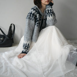 「今だけこの価格」2点セット フェアアイル柄 ニットカーディ チュールロングスカート レディース ふわっと上品 シンプル 大人可愛い 体型カバー 着回し 秋冬新作 ID2246