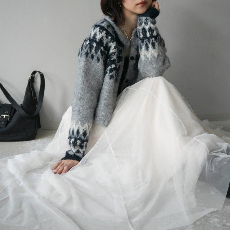 「今だけこの価格」2点セット フェアアイル柄 ニットカーディ チュールロングスカート レディース ふわっと上品 シンプル 大人可愛い 体型カバー 着回し 秋冬新作 ID2246