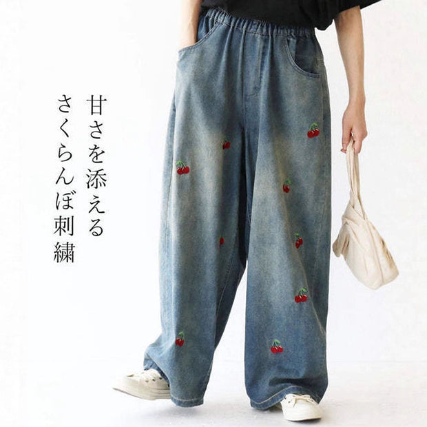 デニム パンツ レディース ワイドパンツ ゆったり さくらんぼ 刺繍 ウエストゴム カジュアル 体型カバー 通年 春 夏 秋 冬 おしゃれ 大人可愛い 新作 人気 ID1866