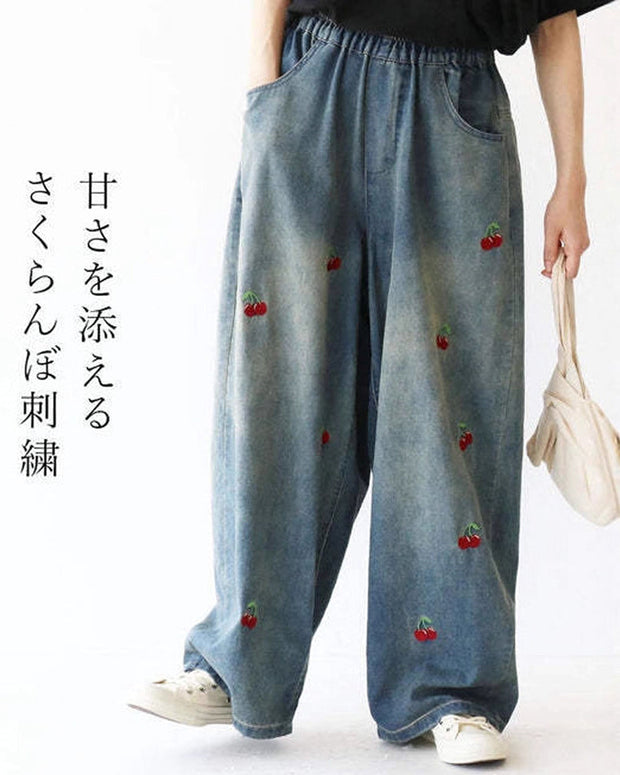 デニム パンツ レディース ワイドパンツ ゆったり さくらんぼ 刺繍 ウエストゴム カジュアル 体型カバー 通年 春 夏 秋 冬 おしゃれ 大人可愛い 新作 人気 ID1866