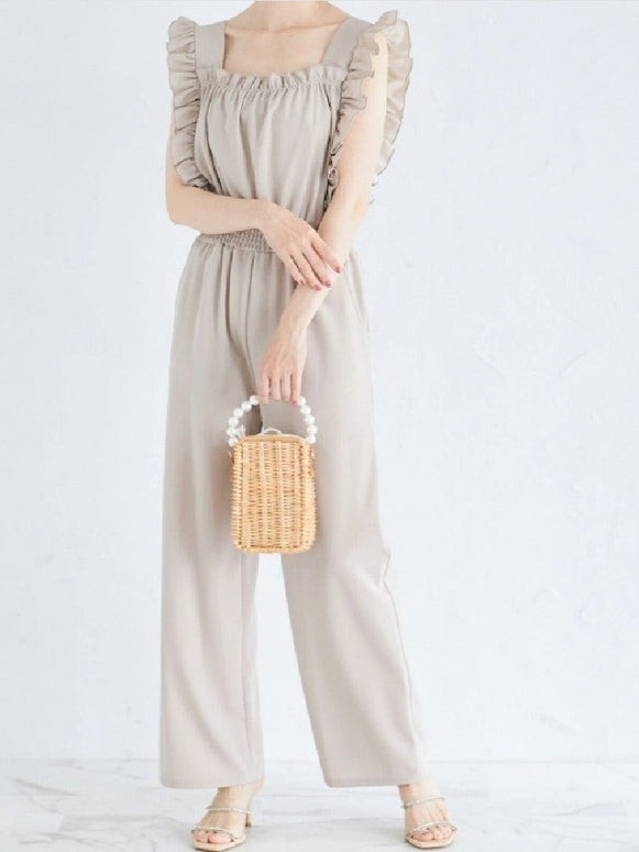 フェミニン フリルデザイン スリムシルエット リネンコットン ルーズ ロングジャンプスーツ レディース 何にでも合うキュート 夏  ID965