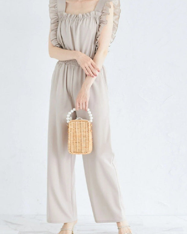 フェミニン フリルデザイン スリムシルエット リネンコットン ルーズ ロングジャンプスーツ レディース 何にでも合うキュート 夏  ID965