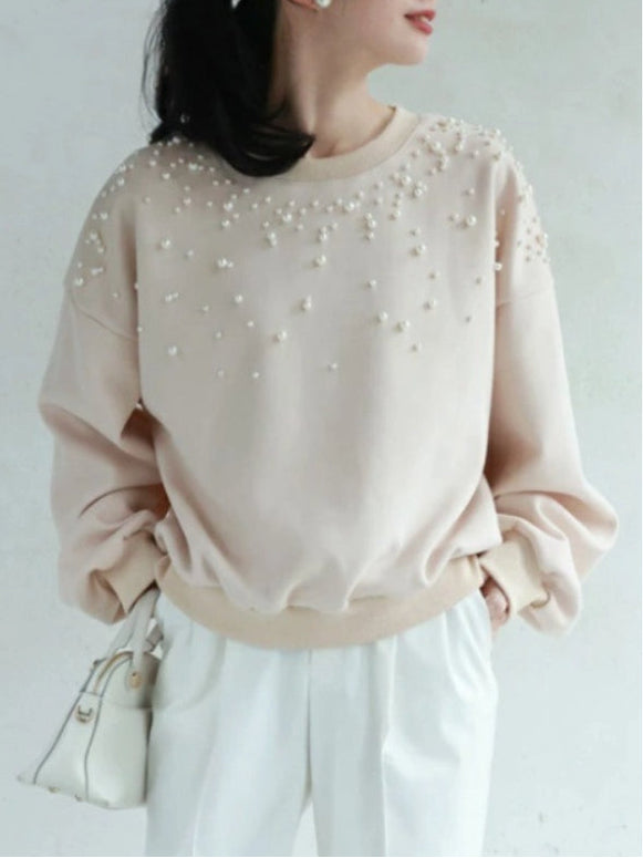 パール付き スウェット レディース クルーネック トレーナー 長袖 ゆったり シンプル 上品 きれいめ 大人可愛い 通勤 デイリー カジュアル 秋冬 新作 人気 ID1874