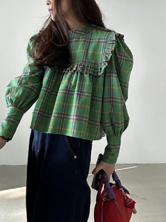 チェック柄 ブラウス レディース 長袖 フリル襟 シャツブラウス 無地風 カジュアル おしゃれ フェミニン 体型カバー ゆったり 大人可愛い 通勤 通学 オフィス 上品 トップス ナチュラル きれいめ ガーリー 春秋 ベーシック ファッション OL 重ね着 定番 人気 デイリーコーデ ID1612