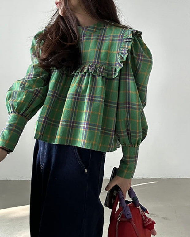 チェック柄 ブラウス レディース 長袖 フリル襟 シャツブラウス 無地風 カジュアル おしゃれ フェミニン 体型カバー ゆったり 大人可愛い 通勤 通学 オフィス 上品 トップス ナチュラル きれいめ ガーリー 春秋 ベーシック ファッション OL 重ね着 定番 人気 デイリーコーデ ID1612