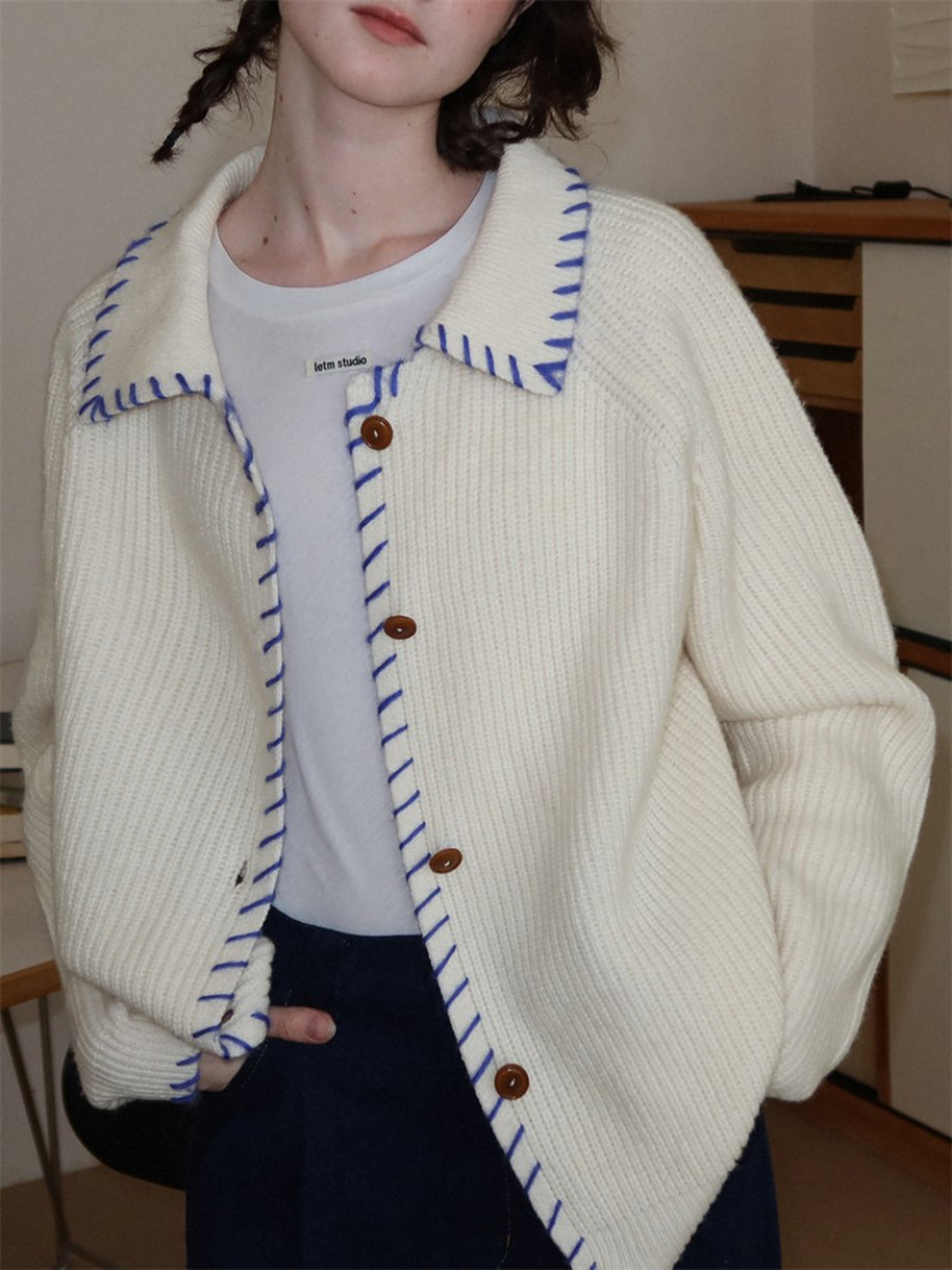 配色ステッチ カーディガン レディース 翻襟 ニットカーディガン ゆったり 長袖 シンプル おしゃれ カジュアル トップス 秋冬 新作 ID2062