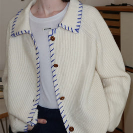 配色ステッチ カーディガン レディース 翻襟 ニットカーディガン ゆったり 長袖 シンプル おしゃれ カジュアル トップス 秋冬 新作 ID2062