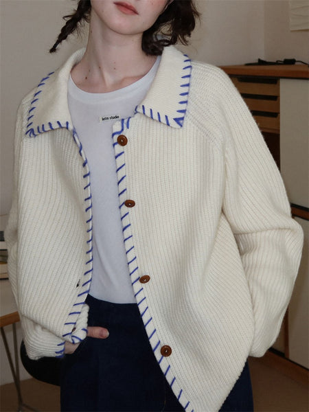 配色ステッチ カーディガン レディース 翻襟 ニットカーディガン ゆったり 長袖 シンプル おしゃれ カジュアル トップス 秋冬 新作 ID2062